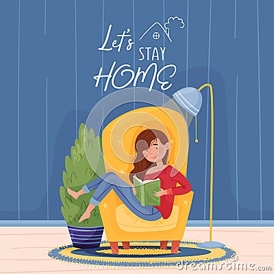Caption let`s stay home, girl reads book on armchair near home flower, light lamp and a carpet. Blue wall background wooden floor Vector Illustration